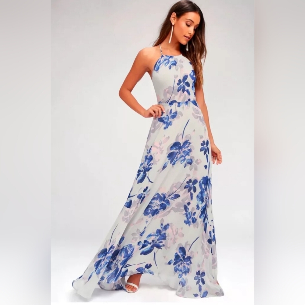 LULUS "All I Need" Grey Floral Print Lace Up Maxi Dress 🔖 NWT